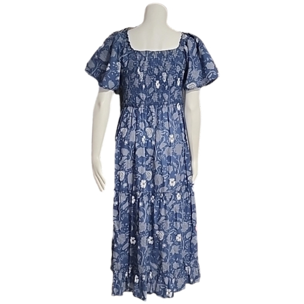 GRACE HOLIDAY Blue Chambray Floral Smocked Midi Dress L Tiered Boho Cottagecore - Picture 4 of 16